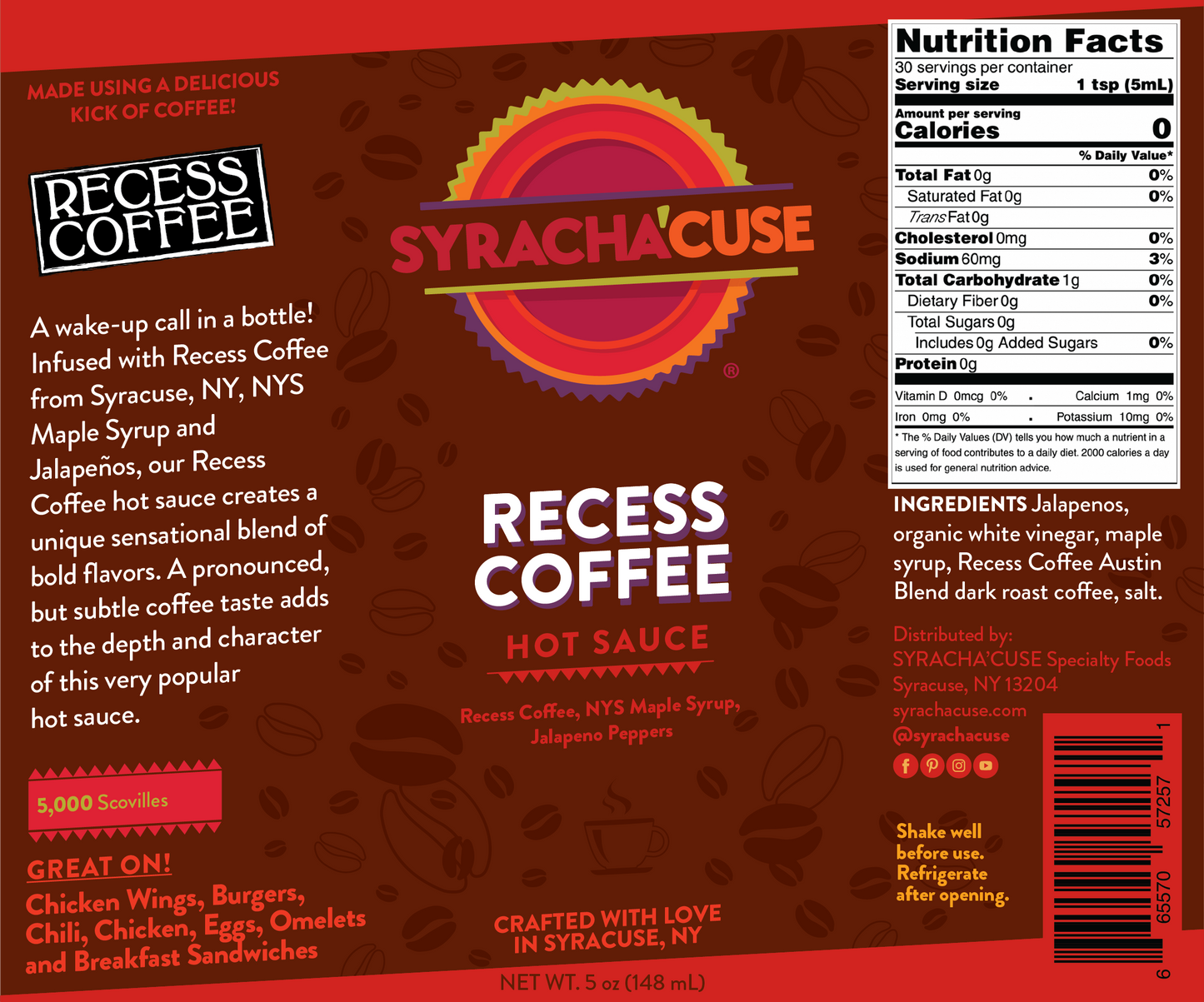 RECESS COFFEE HOT SAUCE, wake up call in a bottle made with Recess Coffee, Syracuse, NY